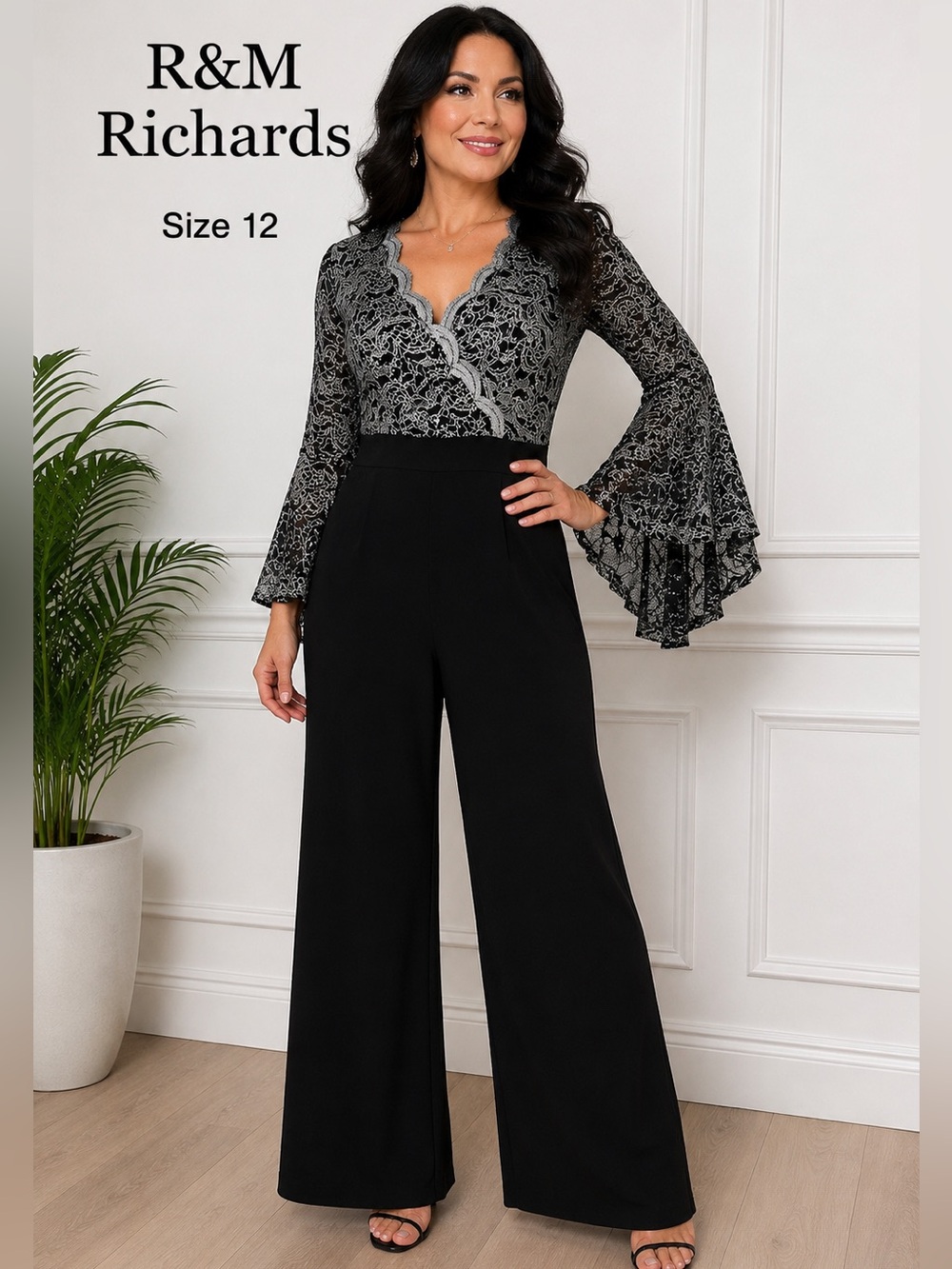 R&M Richards Black Lace Overlay Wide Leg Jumpsuit Evening Formal cocktail/ 12